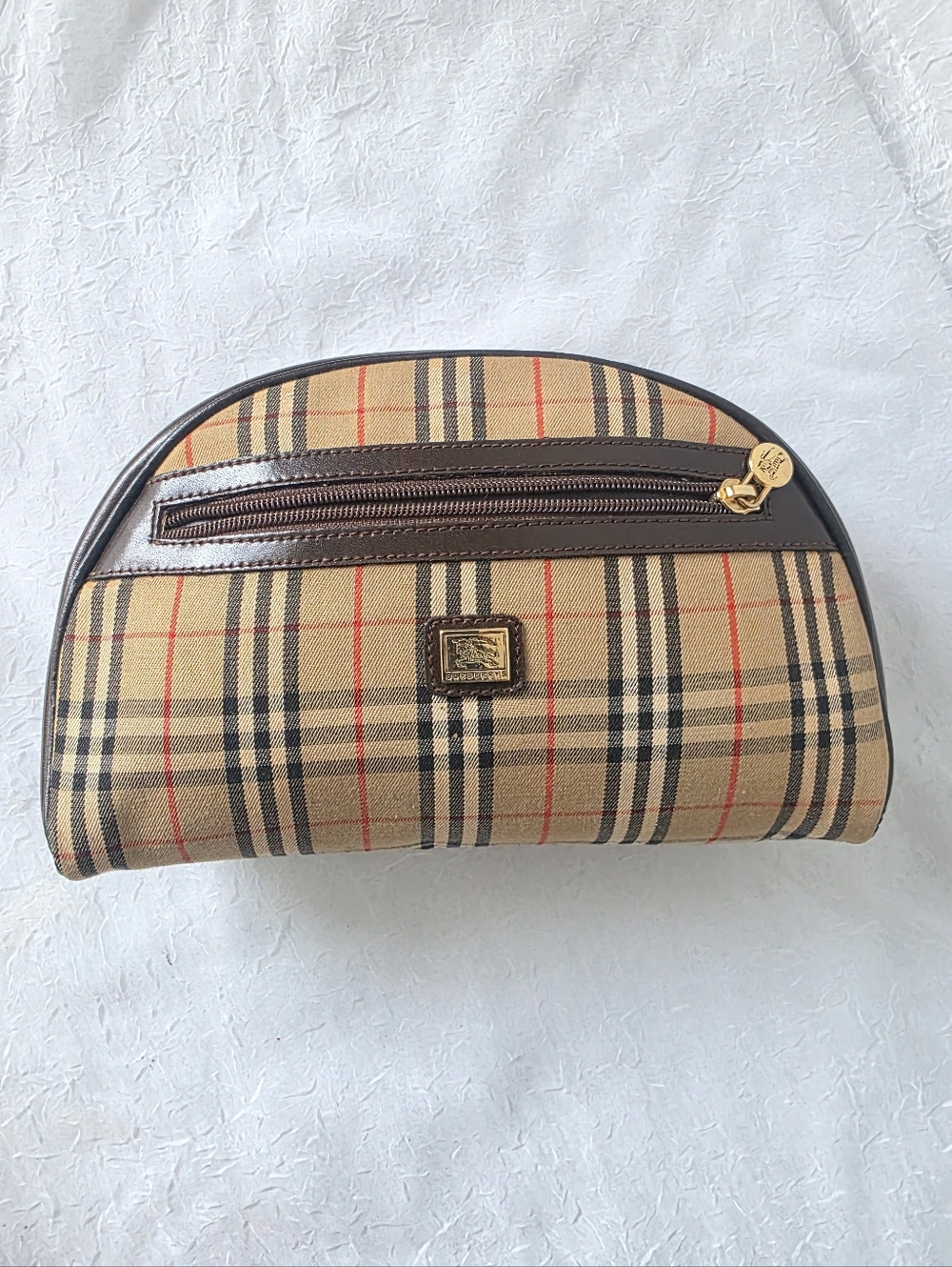 Burberry Beige Plaid Cosmetic Case with Brown Trim and Red Accents